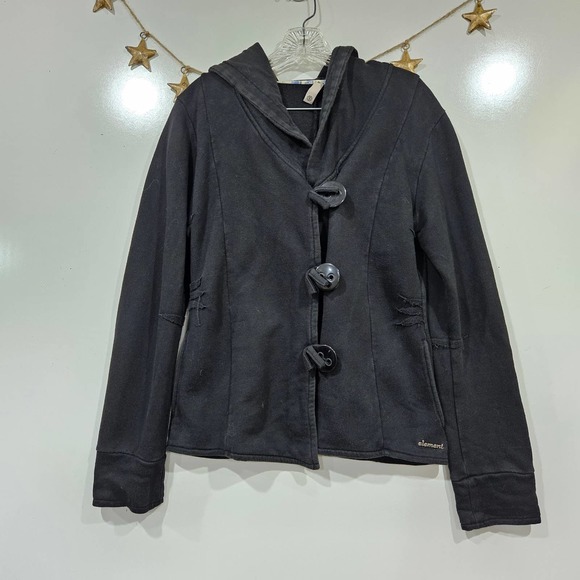 Element Black Pleated Hooded Button Up Knit Cardigan Jacket Size XLarge - Picture 1 of 9